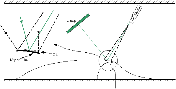 Schematic of oil film interferometry setup used for this investigation.  The hump height has been slightly exaggerated in this picture.